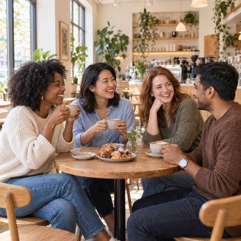 Four friends from diverse backgrounds — three women and a man — laughing and catching up over coffee inside a bright café